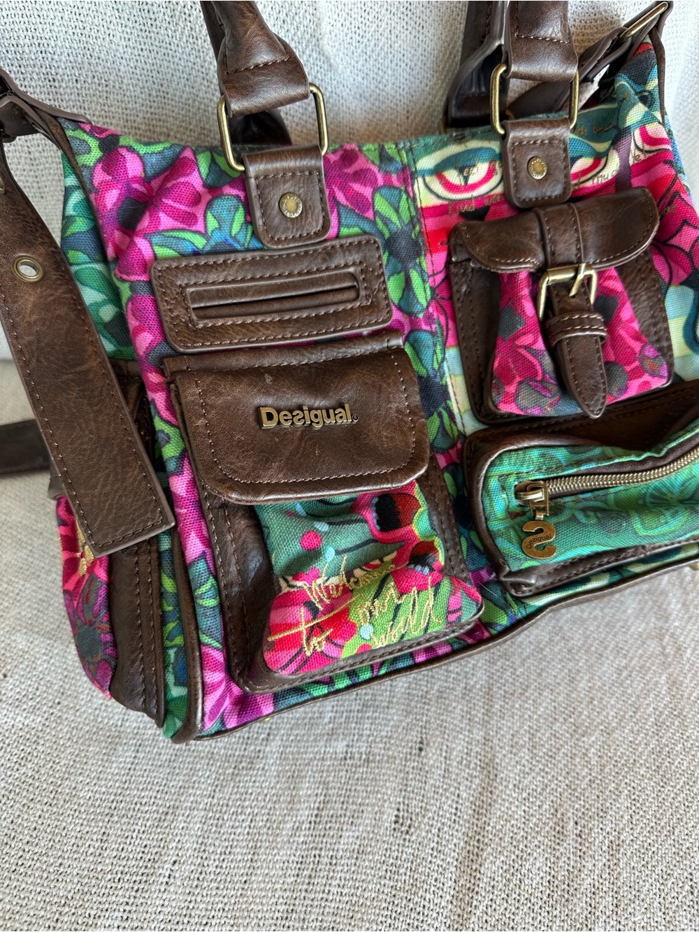 Vintage Desigual Floral Patchwork Shoulder Bag Multi Pocket Boho Satchel Purse - Picture 5 of 15